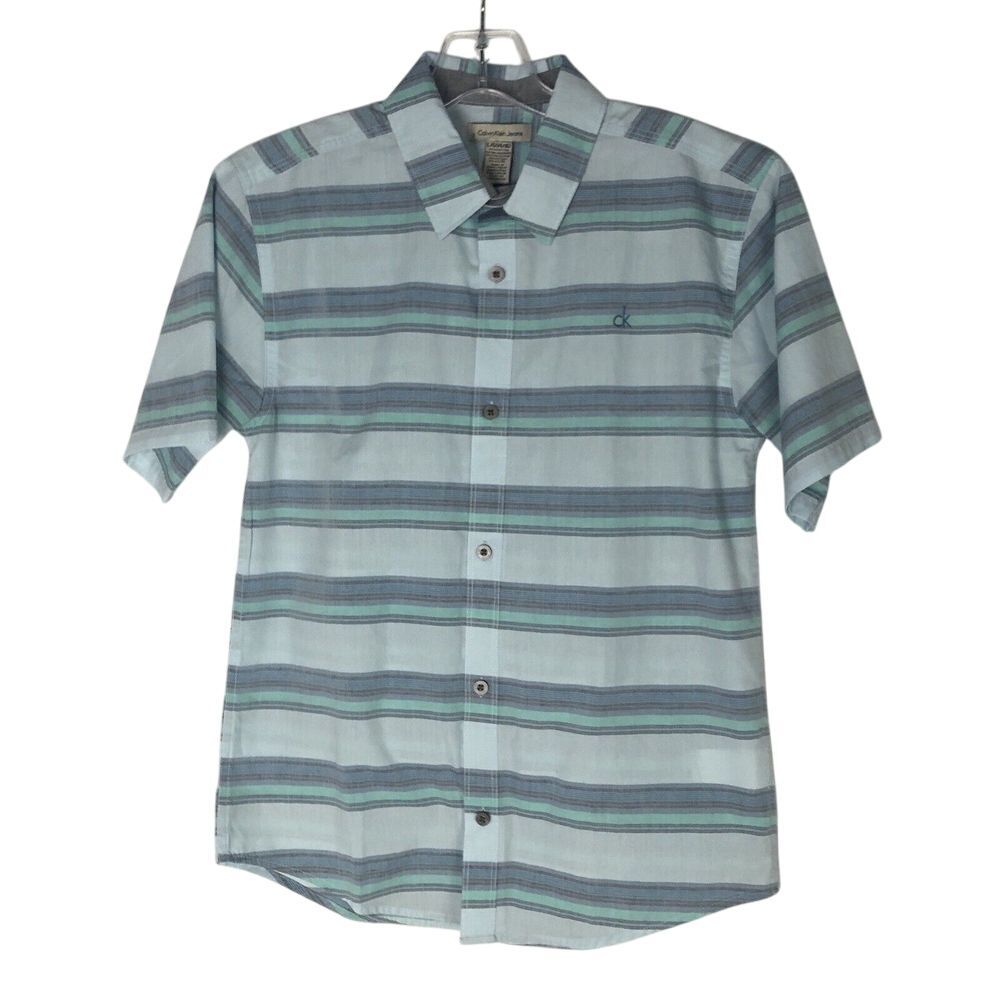 Calvin Klein Jeans Boys'‎ Blue/green Button-Front ShortSleeve Shirt, L ( 14-16)
